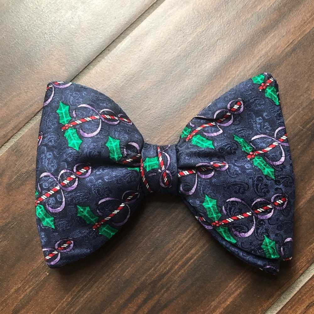 Christmas Silk Bow Tie for Doctors Nurses, Caduceus Print, Navy & Green